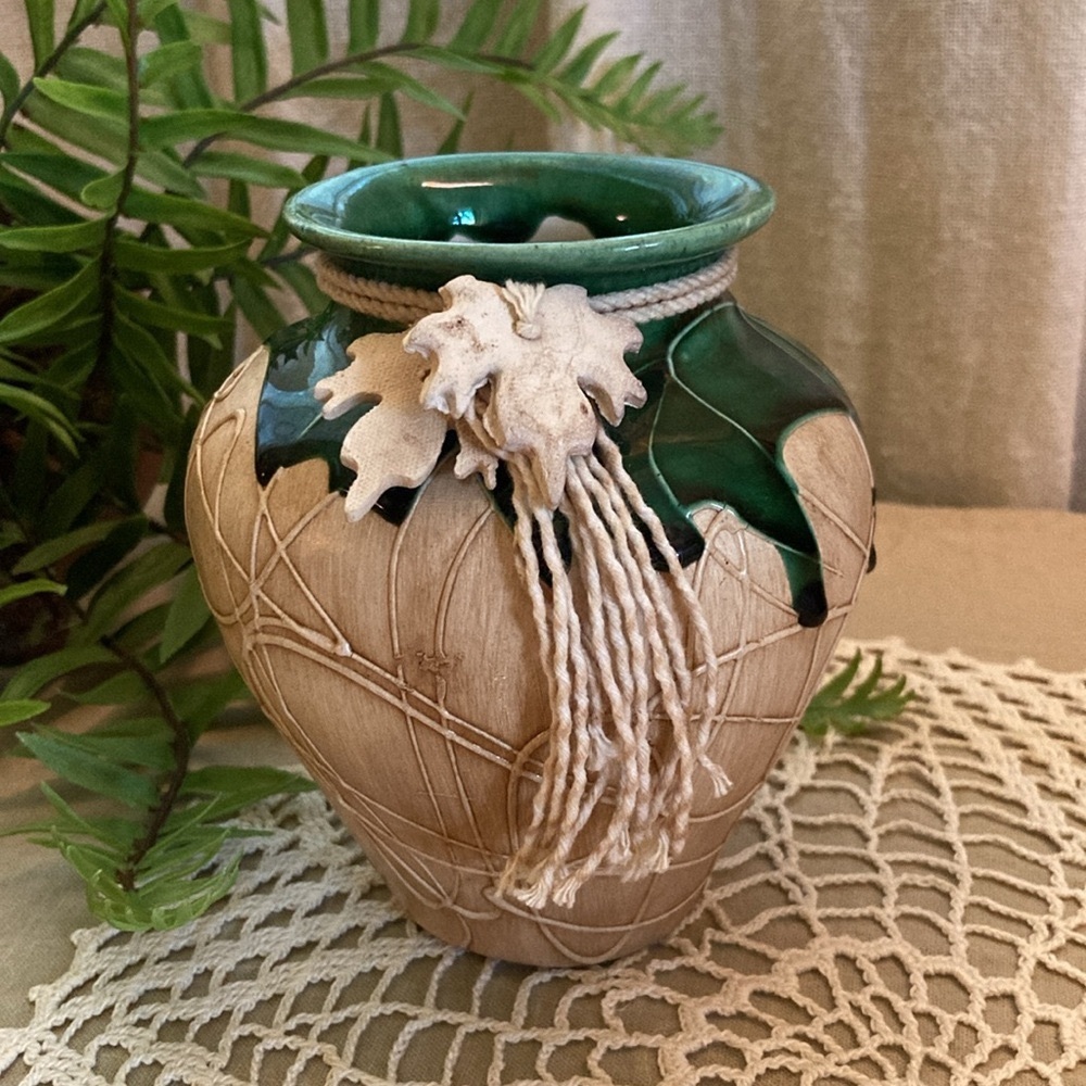 Abstract Fall Vase With Drip Glaze And Pottery Leaf Accents